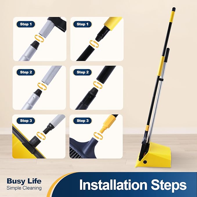 Yocada Commercial Broom and Dustpan Set 2 Plus 1 Set with Comb Commercial Outdoor Indoor for Courtyard Garage Lobby Mall Market Floor Home Kitchen Room Office Pet Hair Rubbish