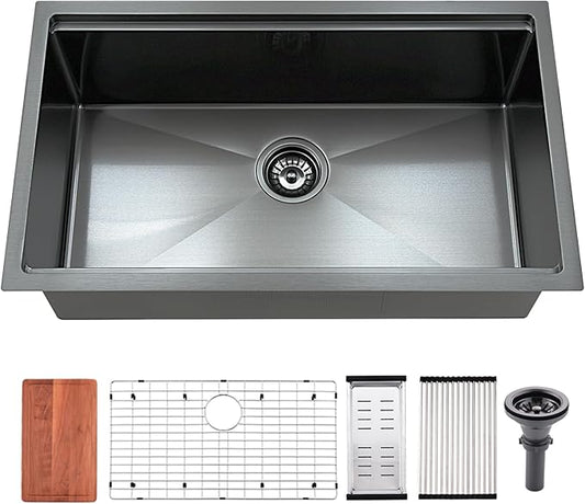Black Kitchen Sink Undermount, 32x19 Inch Workstation Black Stainless Steel Undermount Kitchen Sink 16 Gauge Deep Single Bowl