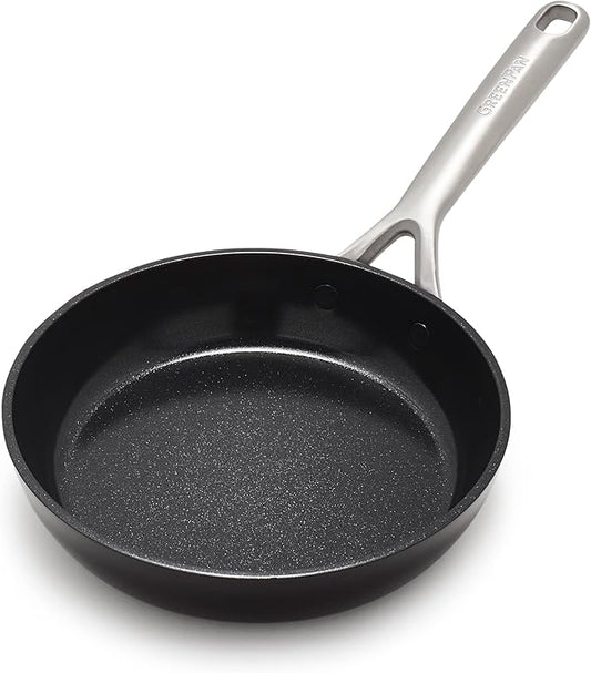 GreenPan GP5 Hard Anodized Healthy Ceramic Nonstick 8" Frying Pan Skillet, Heavy Gauge Scratch Resistant, Stay Flat Surface, Induction, Mirror Finish Handle,Oven Safe, PFAS-Free, Black