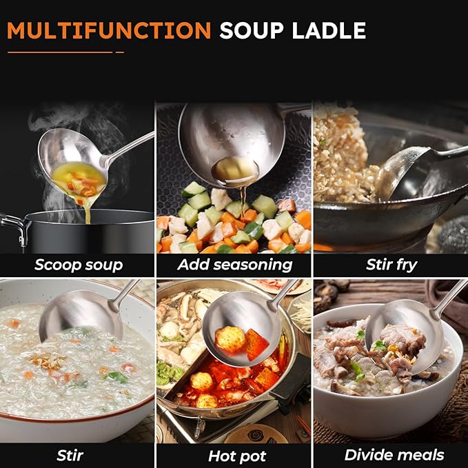 MARTE 16’’ Soup Ladle, 304 Stainless Steel Deep Ladle Spoon, [Rustproof, Integral Forming, Heat-Resistant] Metal Cooking Spoon,High-Grade Kitchen Tool for Service-Ergonomic Long Handle-Dishwasher Safe