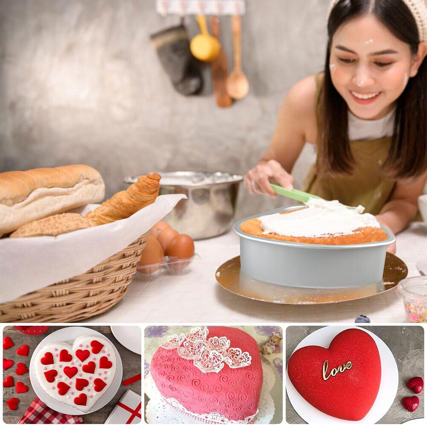 4Pcs Heart Shaped Cake Pans with Removable Bottom, 6" and 8" Aluminum Heart Cake Mold, Baking Pan Cheesecake Pan for Oven Baking Wedding Birthday Anniversary