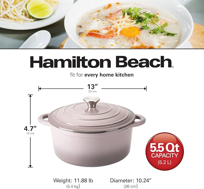 Hamilton Beach 5.5-Quart Enameled Cast Iron Dutch Oven with Lid | Heavy-Duty Pot for Braising, Roasting & Baking | Gray
