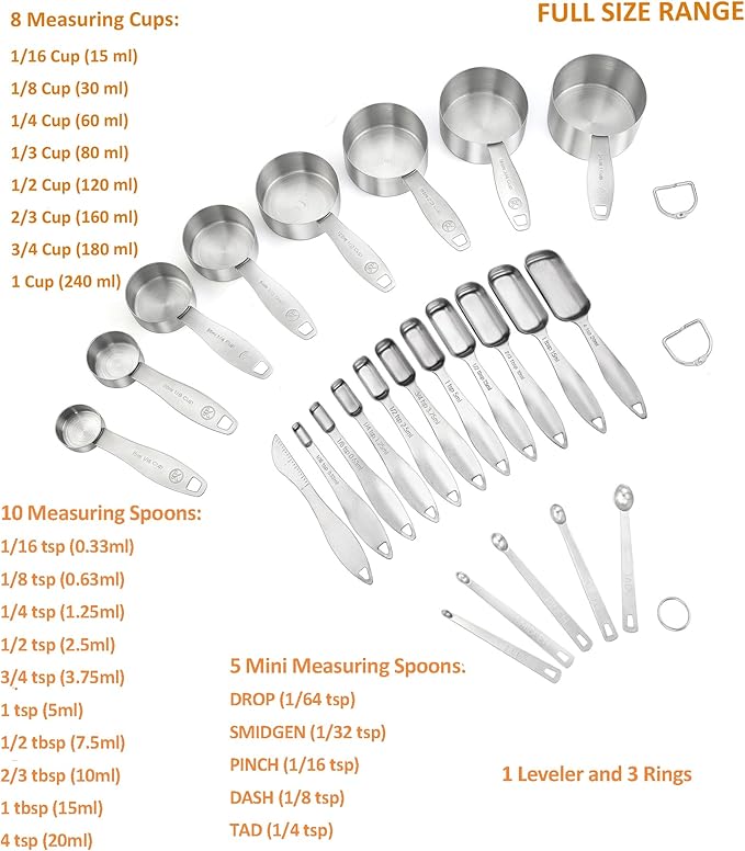 Measuring Cups and Spoons Set of 24 Piece in 18/8 Stainless Steel, Heavy Duty 8 Measuring Cups, 10 Measuring Spoons, 1 Leveler & 5 Mini Measuring Spoons Ideal for Dry and Liquid Ingredients