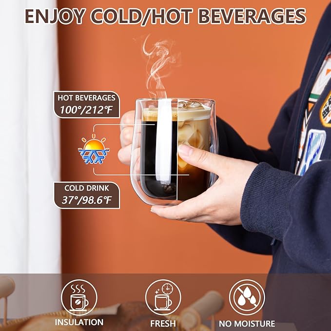 Double Walled Glass Coffee Mugs 12 OZ, Borosilicate Glass Coffee Cups Set of 2 with Spoons, Insulated Clear Coffee Mug for Hot Beverages, Cappuccino, Latte, Tea Bag.