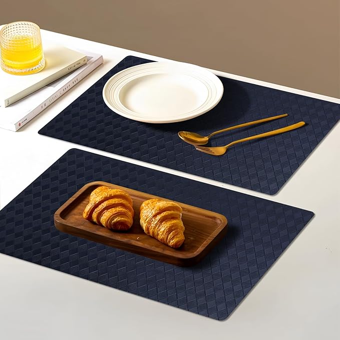 Vinyl Placemats Set of 6-12×17.7 Inch Waterproof & Heattable Placemats, Fall Faux Leather Wipeable Outdoor Table Mat for Dining, Kitchen, Indoor Outdoor Use (Dark Blue, Diamond Pattern)