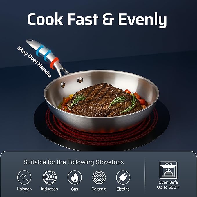 Gotham Steel 10 Pcs Stainless Steel Cookware Set, Pots and Pans Set Non Stick with Induction Cookware, Made Without PTFE PFOA PFOS, Metal Utensil Safe, Oven and Dishwasher Safe