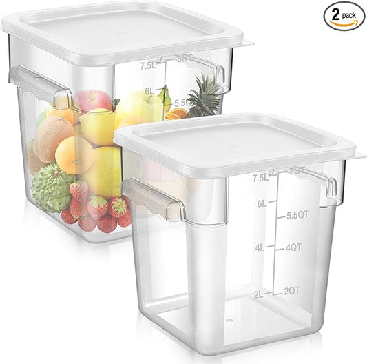 2 Pieces Square Food Storage Containers Polycarbonate Clear food Container with Lid Commercial Storage with Graduations for Commercial Kitchen Dough Marinating Meat(White,8 Qt)