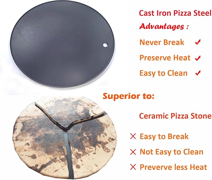 XL Round Pizza Steel 16.9" - 3D Cast Creates Gorgeous Crusts, Enamelled Cast Iron Baking Stone For Oven, Round Griddle, Speed & Even Heating Baking Steel Griddle,