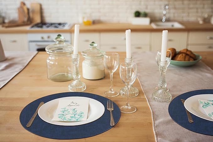 homing Round Faux Leather Placemat and Coaster 4 Packs, Washable Heat Resistant Dining Place Mats, Wipeable Double-Sided Table Mats for Indoor and Outdoor, Diameter 13 and 3.93 inch, Navy