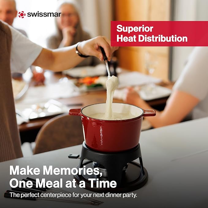 Swissmar Sierra Cast Iron Fondue Set, 1.6 Quart / 1.6 Liter – Perfect for Meat, Cheese, & Chocolate Fondues – Ideal for Family Bonding & Hosting Gifts - 12-Pieces, Cherry Red