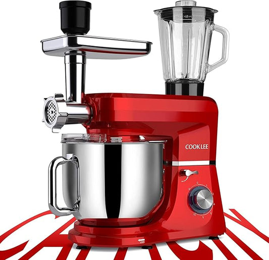 COOKLEE 6-IN-1 Stand Mixer, 8.5 Qt. Multifunctional Electric Kitchen Mixer with 9 Accessories for Most Home Cooks, SM-1507BM, Ruby Red