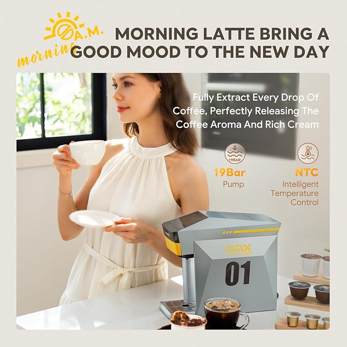 4 in 1 Single Serve Coffee Maker,Fast Brew in 1 minute 19Bar Pump Coffee Machine for K*Cup/NES*presso/Ground Coffee/Do'lce Gusto,with 27oz Removable Water Reservior, Espresso Coffee Machine, (Orange)