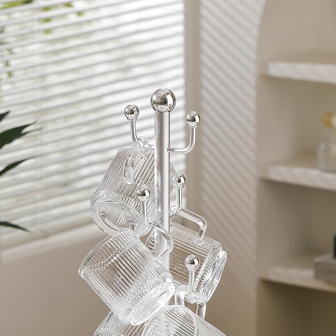 6 High-End Glass Coffee Mugs with Handles and Holders, 12 Ounce Classic Vertical Striped Glass Mug Set, Transparent Tea Cups for Hot and Cold Drinks, American Style, Latte, Cappuccino