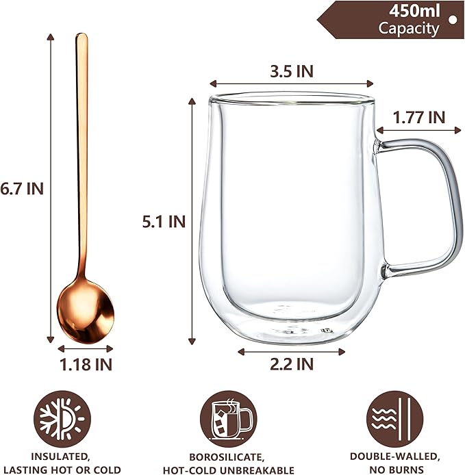 Double Walled Glass Coffee Mugs 16 OZ, Borosilicate Glass Coffee Cups Set of 2 with Spoons, Insulated Clear Coffee Mug for Hot Beverages, Cappuccino, Latte, Tea Bag.
