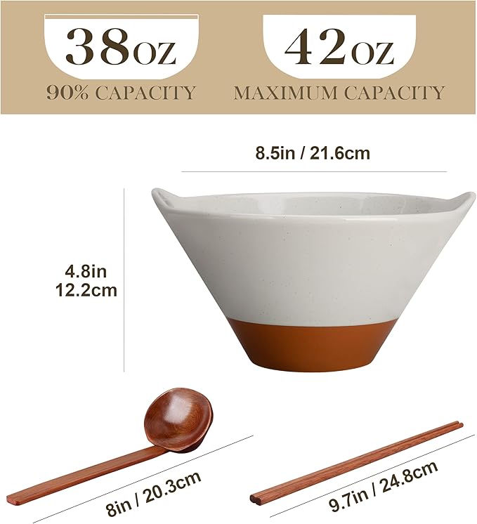 MALACASA 42 oz Ceramic Ramen Bowl Set with Wooden Spoon & Chopsticks, Japanese Style Soup Bowls for Ramen, Pho, Noodles – Set of 2, Microwave & Dishwasher Safe, Series TARA (Gray and Khaki)