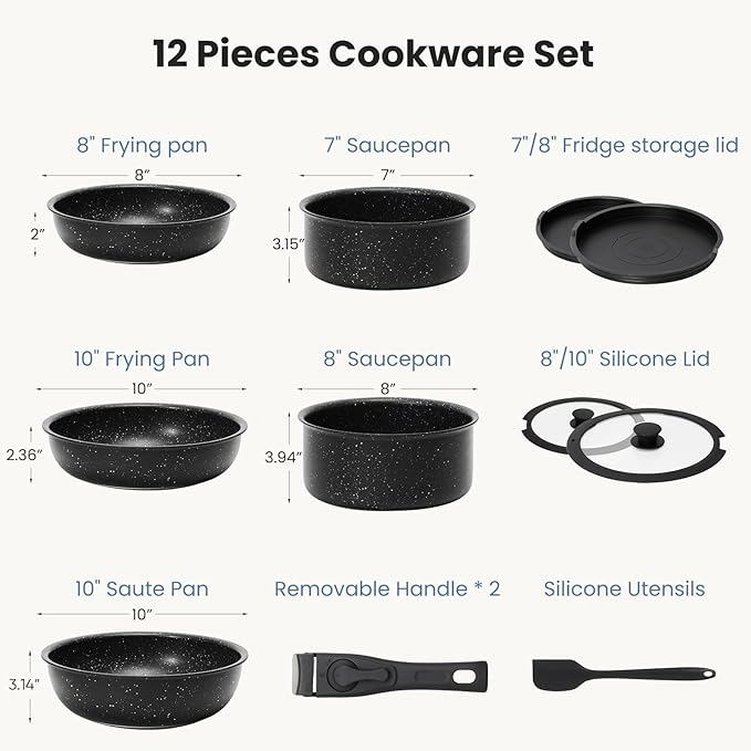 12 Pcs Pots and Pans Set, Nonstick Kitchen Cookware Sets Detachable Handle, Induction Healthy Non Stick RV Cookware, Dishwasher ＆ Oven Safe, Black