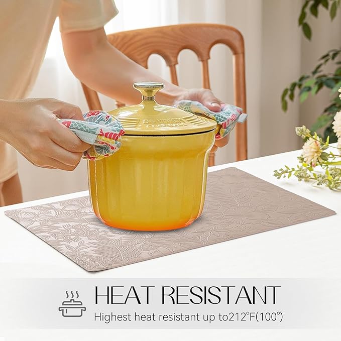 Romanstile Vinyl Placemats Set of 6-12 X 18 Inch - Heat Resistant Non-Slip Embossed Floral Place Mats 100% Waterproof Oilproof Wipeable Faux Leather Table Mats for Kitchen/Dining/Party, Khaki