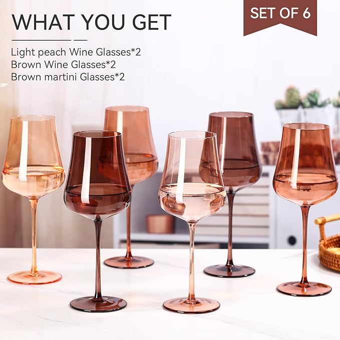 Brown Wine Glasses Set of 6-18oz Hand Blown venus Wine glasses - Unique Gift for Birthday,Wedding, housewarming