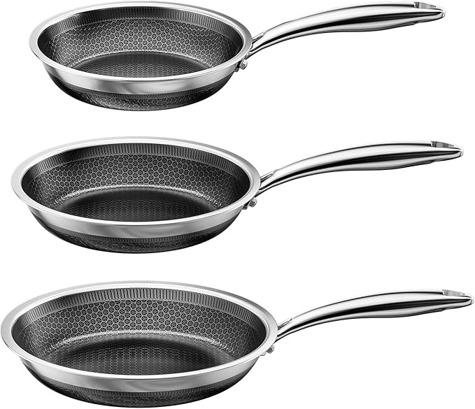 Fogdream 3PCS Pots and Pans Set Non Stick, Stainless Steel Pan, Dishwasher and Oven-Safe Frying Pan, PFOA Free and Induction Compatible Cookware Set, Silver