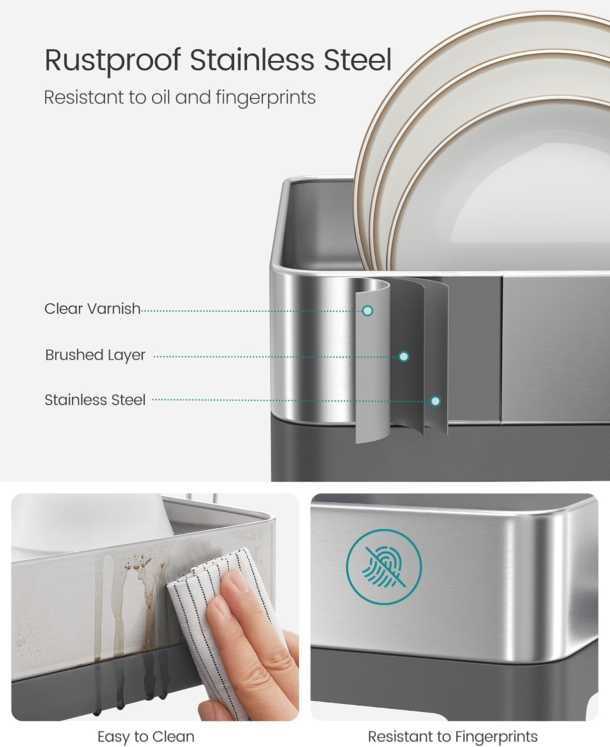 SONGMICS Large Dish Drying Rack, Expandable Dish Dryer for Kitchen Counter, Stainless Steel Dish Rack with Rotatable Spout, Utensil, Cup, Glass, Cutting Board, Pan Holders, Silver and Gray UKCS037G01