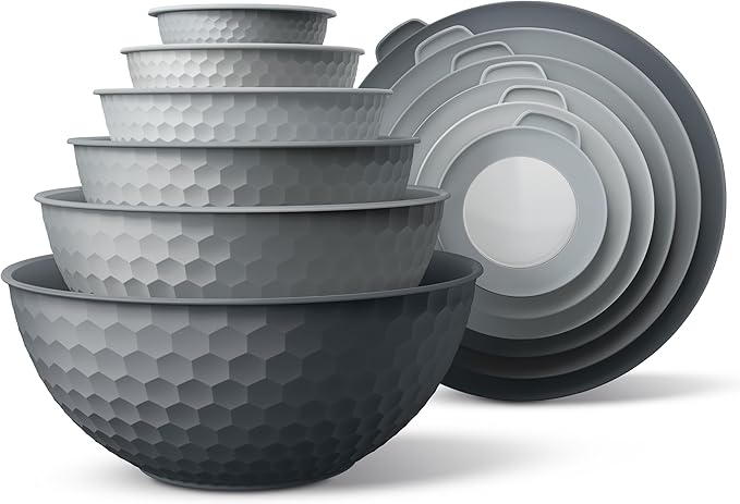 COOK WITH COLOR Mixing Bowls with Lids - 12 Piece Plastic Nesting Bowls Set includes 6 Prep Bowls and 6 Lids, Non Slip Bottom and Embossed Design - Microwave Safe (Grey)