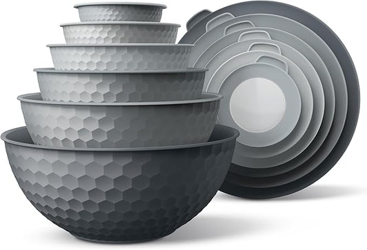 COOK WITH COLOR Mixing Bowls with Lids - 12 Piece Plastic Nesting Bowls Set includes 6 Prep Bowls and 6 Lids, Non Slip Bottom and Embossed Design - Microwave Safe (Grey)