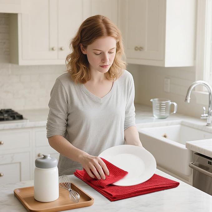 Homaxy Premium Kitchen Towels (18"x 28", 8 Pack), Large 100% Cotton Kitchen Hand Towels, Ultra Absorbent Ribbed Terry Tea Towels Set with Hanging Loop, Red