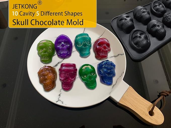 JETKONG 10 Cavity Skull Chocolate Molds Silicone Skull Candy Mold for Jelly Crayon Resin, Pack of 2 (Black)