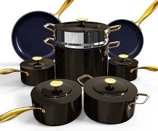 Nuwave Lux LE 13-Pc Cookware Set with Elegant Gold Handle, Diamond Infused Ceramic Non-Stick, PFAS Free, Premium Metal Lids, Ergonomic Stay-Cool Handles, Induction Ready & Compatible w/All Cooktops