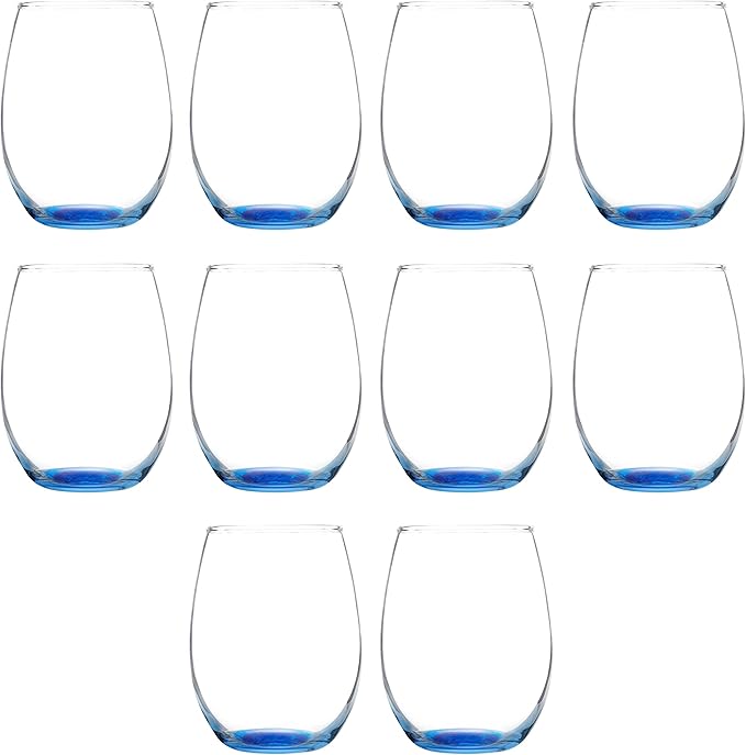 DISCOUNT PROMOS Stemless Wine Glass 9 oz. Set of 10, Bulk Pack - Great for Wedding Favors, Bachelorette Party and More - Blue Bottom Color