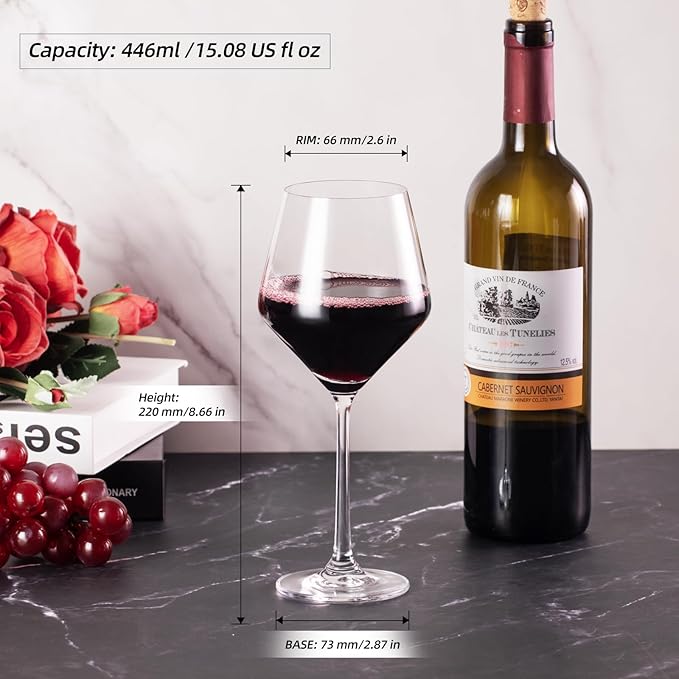 KAMMAK Wine Glasses Set of 2, 15 oz Hand Blown Crystal Bordeaux Wine Glasses, Thin Rim & Long Stem, Perfect for Red & White, Daily Use, Wedding Anniversary or Birthday Gift with Gift Box, S83BG45