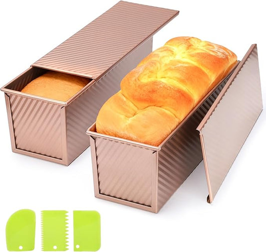 Beasea Pullman Loaf Pan with Lid, 2 Pack 2 lb Large Bread Loaf Pans 12x4inch Nonstick Carbon Steel Toast Box with Dough Scraper Set for Homemade Bread Bakeware Oven Baking - Rose Gold