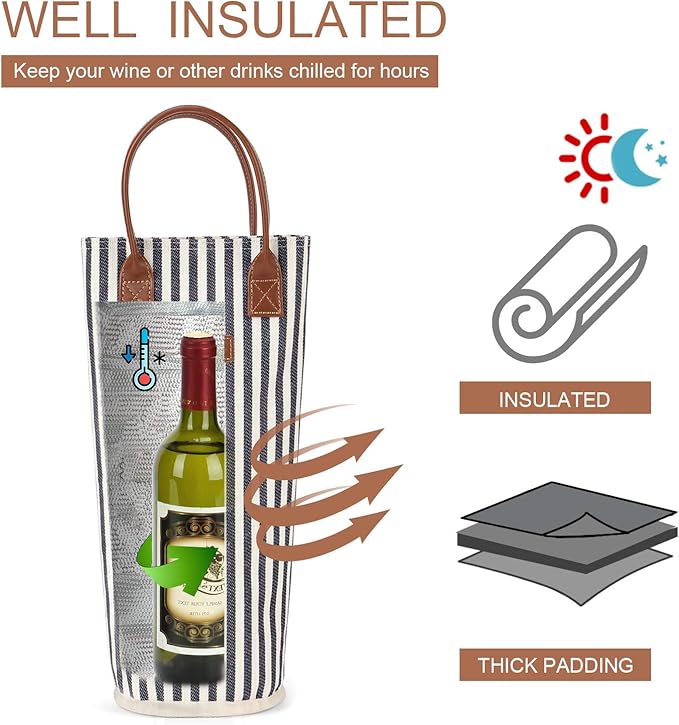 ZORMY Single Bottle Insulated Wine Tote, 1 Bottle Wine Carrier Bag Padded Wine Cooler Perfect Wine Lover's or Wedding Gift-Stripe (Srtipe)