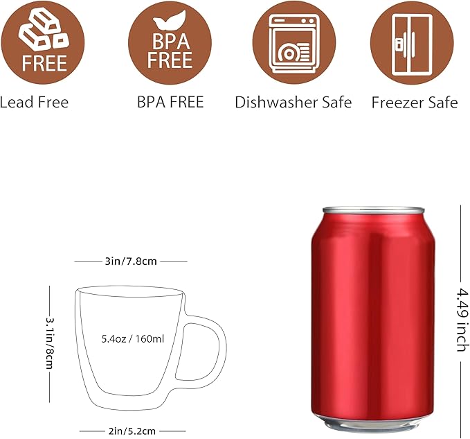 CNGLASS Insulated Espresso Glass Mugs 5.4oz/160ml, Small Clear Coffee Mugs Set of 6, Double Wall Glass Cups with Handle for Tea and Macchiato