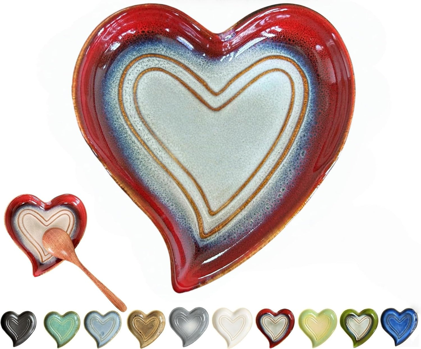 Ceramic Spoon Rest for Stove Top, Heart Cute Spoon Rest for Kitchen Counter, Cooking Spoon Holder for Kitchen Counter, Utensil Rest Spatula Rest Ladle Holder Tong Rest (Retro Red)