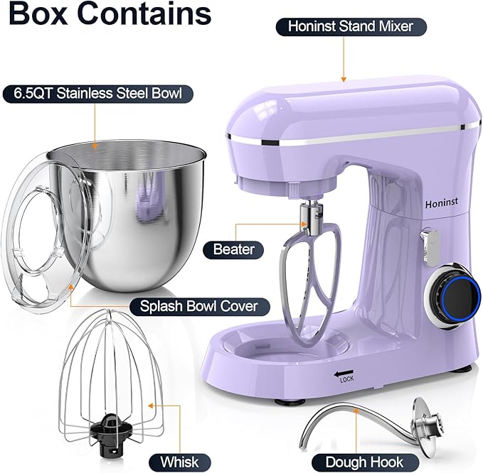 Stand Mixer, 6.5QT 10-Speed Tilt-Head Electric Stand Mixer, 3-In-1 Kitchen Mixer with Bowl, Dough Hook, Whisk and Beater, Food Mixer for Baking, Cake and Most Home Cooks, Purple