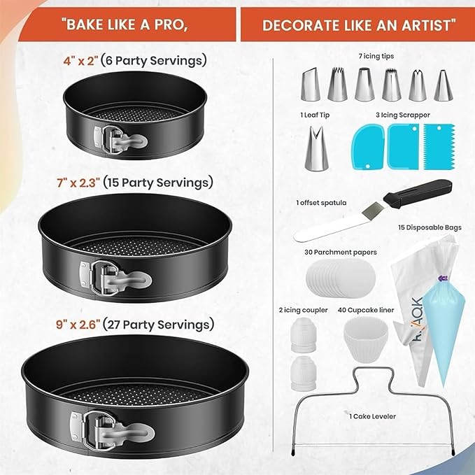 RFAQK 100pcs Cake Pan Sets for Baking + Cake Decorating Supplies: 3 Non-Stick Springform Pans Set (4, 7, 9 inches), Icing Tips, Cake Leveler – Multi-functional Leak-Proof CheeseCake Pan & eBook