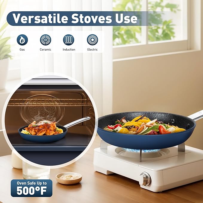 DishDelight Pots and Pans Set Nonstick, 9,11 Inch Induction Ceramic Cookware Set with Stay-Cool Handles, Added Plasma Diamond, Blue