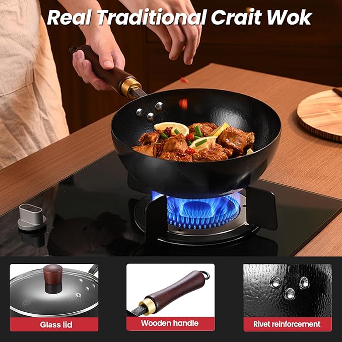 Carbon Steel Wok Pan, 9.5" Woks & Stir-Fry Pans with Glass Lid Cookwares, Nonstick Wok Flat Bottom Small Handmade Chinese Wok For for All Stoves