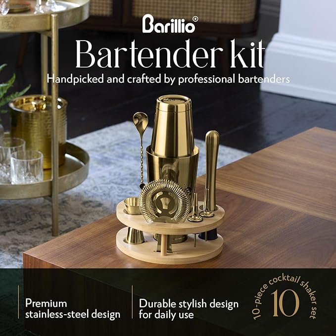 Barillio Gold Mixology Bartender Kit with Stand - Cocktail Shaker Set with Bamboo Stand, Boston Drink Shaker, Mojito Muddler, and Drink Mixer Spoon - 9-Piece Bar Tools Set - Bar Accessories for Home