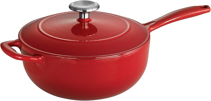Tramontina Bestow Enameled Cast Iron Saucier Pan with Lid, 3-quart, Red