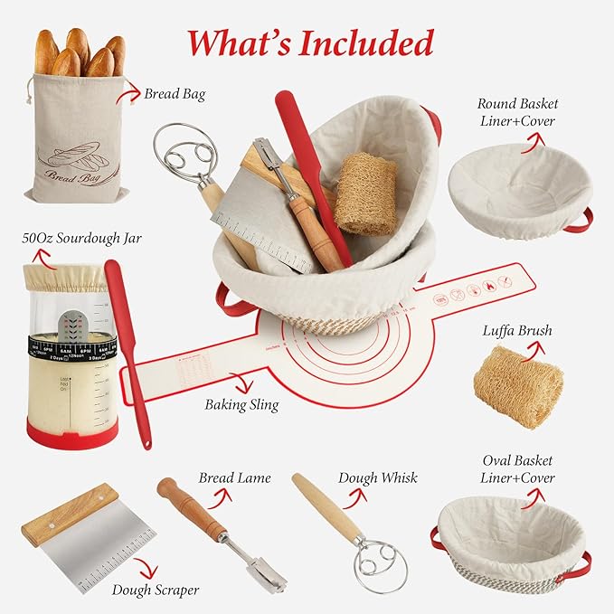 Sourdough Starter Kit - Round & Oval Cotton Rope Banneton Bread Proofing Basket Set, 34oz Sourdough Starter Jar & Bread Making Tools Kit, Sourdough Bread Baking Supplies, Red