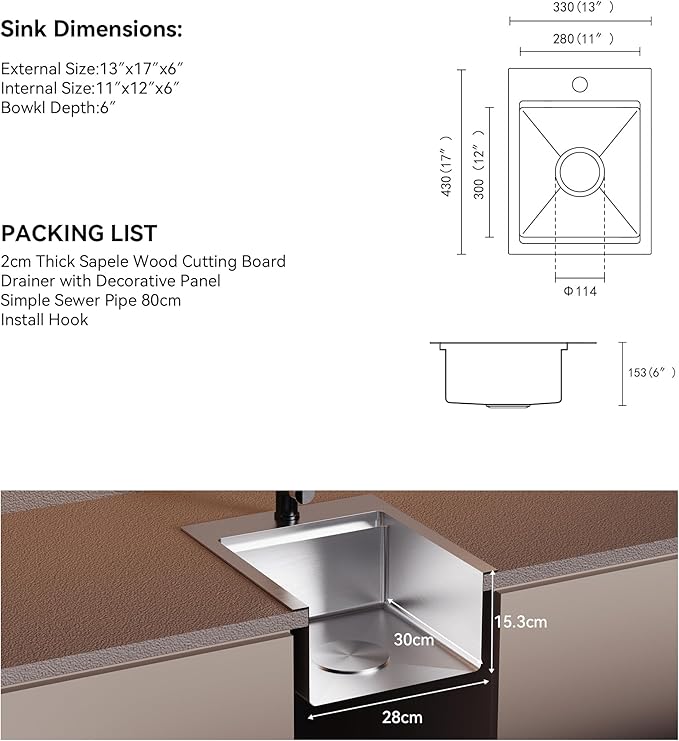 TORVA Kitchen Bar Sink, 13x17inch RV Kitchen Sink, 16 Gauge Stainless Steel Topmount Single Bowl Sink with Cutting Board - 6 Inches Deep Bar/Prep Basin