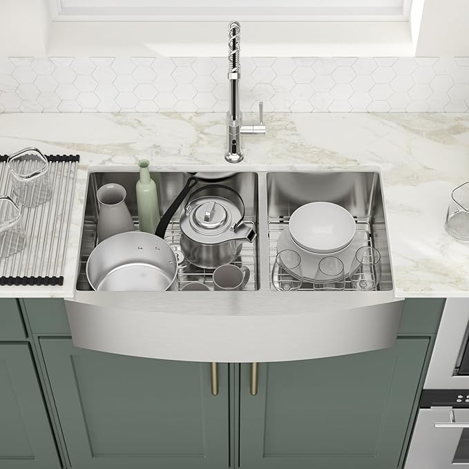Logmey 33 Inch Double Farmhouse Sink - Apon Front Double Kitchen Sink 16 Gauge Stainless Steel Farmhouse Sink 33x20x9 Inch Double Bowl 60/40 Kitchen Sink