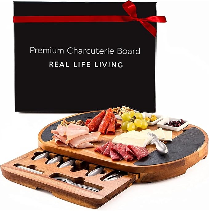 Premium Oval Charcuterie Board Cheese Board Set: Acacia Wood, Stainless Steel Knives - Christmas Gifts for Women, House Warming Ideas, New Home, Wedding presents for Couple, Bridal Shower