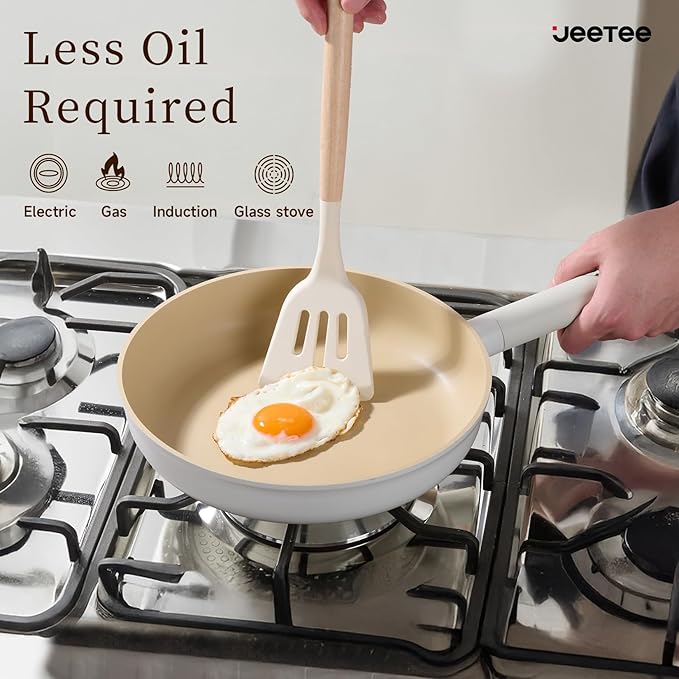 JEETEE Ceramic Cookware Set, 15 PCS Pots and Pans Set Non Stick with Removable Handles, Non Toxic Induction Kitchen Cookware Sets, Oven Safe PFAS/PTFE/PFOA Free Cream