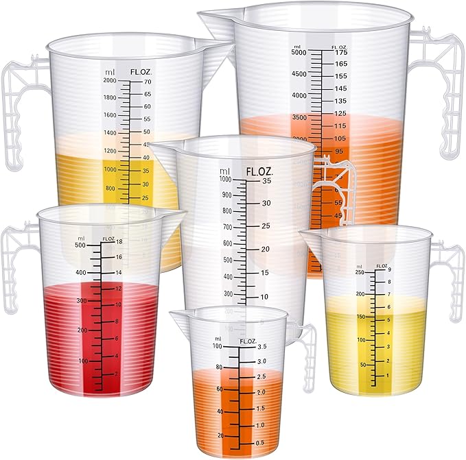 Xuhal 6 Pieces Plastic Measuring Pitcher Measurment Cup 6 Sizes Mixing Pitcher Gauge Bottle Measure Containers Jug with Handle and Spout for Water, Flour, Rice, Coffee, Wine, Milk, Sugar