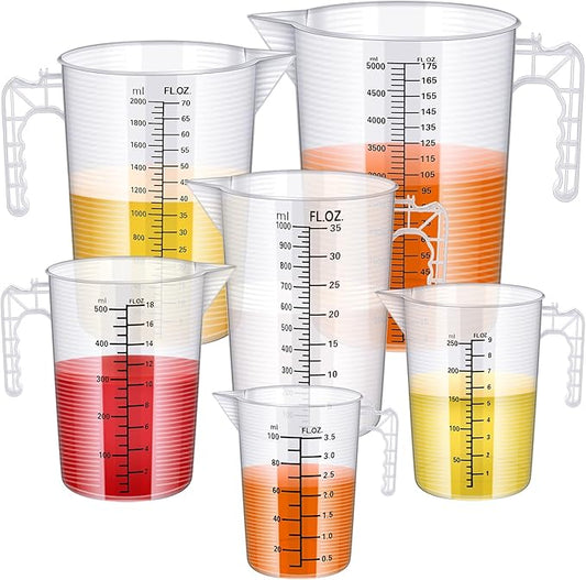 Xuhal 6 Pieces Plastic Measuring Pitcher Measurment Cup 6 Sizes Mixing Pitcher Gauge Bottle Measure Containers Jug with Handle and Spout for Water, Flour, Rice, Coffee, Wine, Milk, Sugar