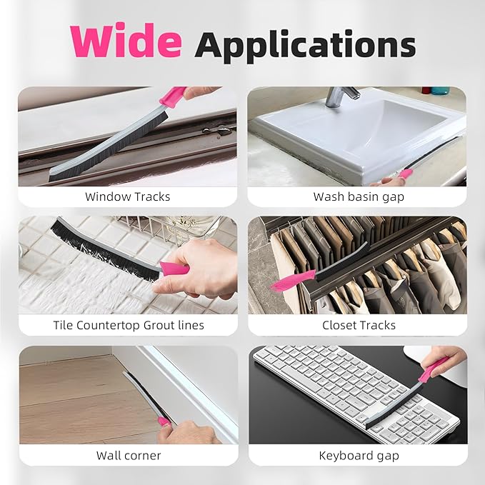 Hard Bristle Crevice Cleaning Brush - Cleaning Supplies - Grout Cleaning Brushes for Household Use - Crevice Cleaning Tool for Bathroom, Home and Kitchen (3, Rose)