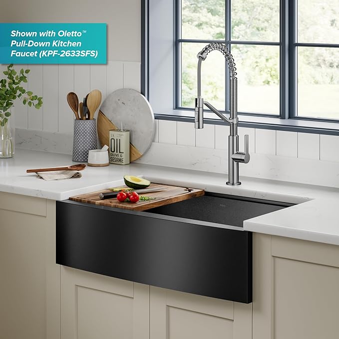 KRAUS Kore Workstation 33-inch Farmhouse Apron Front 16 Gauge Black Stainless Steel Single Bowl Kitchen Sink in PVD Gunmetal Finish with Accessories, KWF210-33/PGM